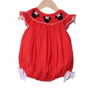 The Smocked Flamingo Smocked Mouse Red Swiss Dot Bubble - NWT